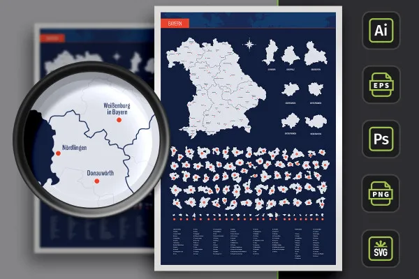 Landkarte Bayern mit Landkreisen und Städten – Grenzen als Kontur