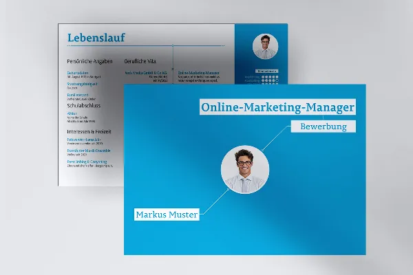 Bewerbungsvorlage im Querformat für Online-Marketing-Manager/in (blau)