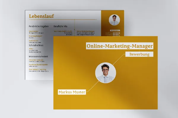 Bewerbungsvorlage im Querformat für Online-Marketing-Manager/in (sandgelb)