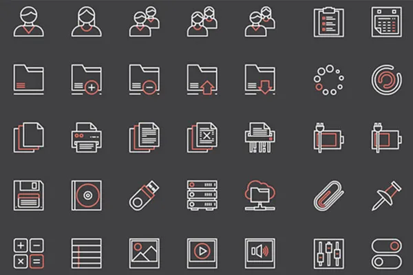 100 Interface-Icons für Webseiten und Apps in Weiß-Rot