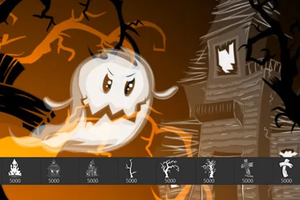 Halloween-Bilder als Photoshop-Pinsel: Gespenst, Haus, Baum und Grabstein im Comic-Stil