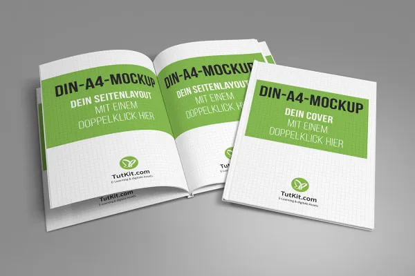 Mockup mit Hardcover-Buch im A4-Hochformat – Version 8