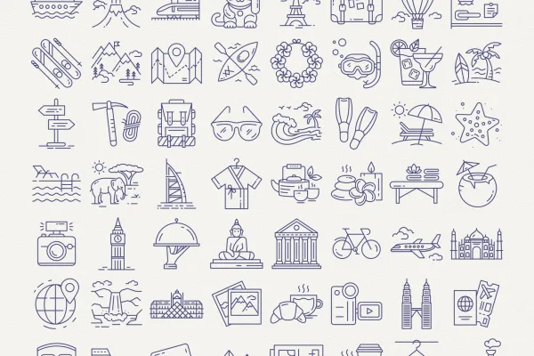 100 Icons zu den Themen Reisen und Urlaub