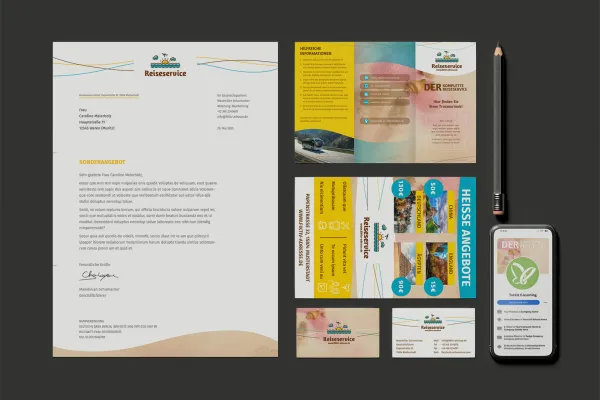 Vorlagen zur Urlaubs- und Reisewerbung mit Briefpapier, Reiseflyer, Anzeige, Visitenkarte, Facebook-Titelbild