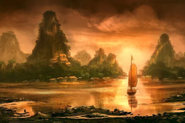 Diese digitale Malerei zeigt ein Schiff im goldenen Schnitt auf einem gemalten Gewässer mit Bergen und Dörfern im Hintergrund.