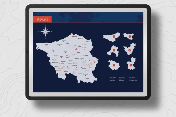 Landkarte Saarland mit Landkreisen auf einem Tablet