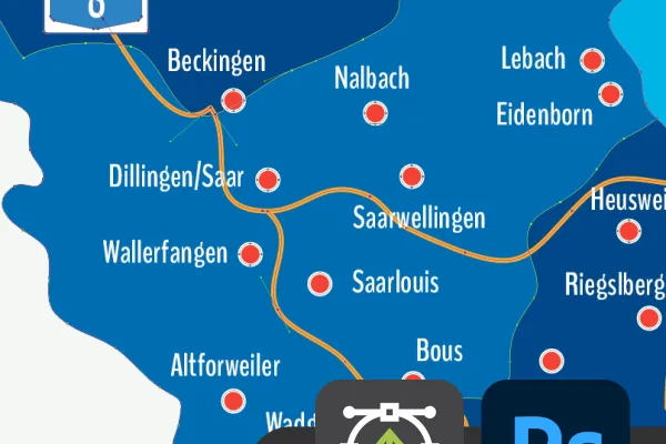 Landkarte Saarland mit Landkreisen für Photoshop