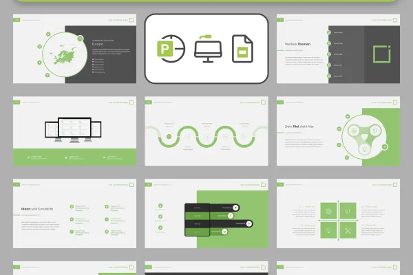 Keynote-, Google Slides-, Microsoft PowerPoint-Vorlagen im Square-Design, Auswahl der 120 Folien
